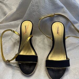 J Crew Italian Black and Gold Strappy wedge Sandals